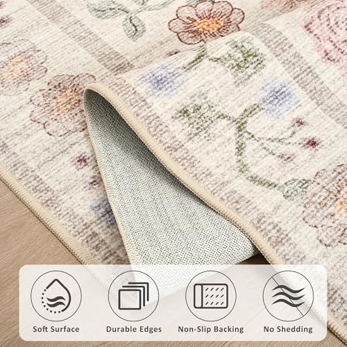 Pink Floral 6x9 Area Rug for Living Room & Bedroom Non-Slip Faux Wool