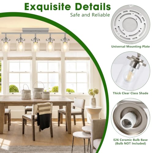 Brushed Nickel 5-Light Track Ceiling Light Fixture with Clear Glass Shades — Modern Adjustable Spotlight for Kitchen Living Room Hallway