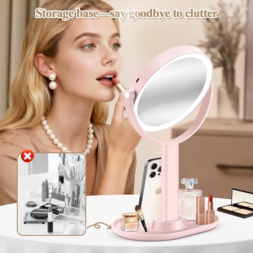 Makeup Mirror with Lights, Double Sided 1x/30x Magnifying Mirror with Light, Rechargeable 3 Color Lights and Adjustable Brightness, 360¡Æ Rotation Detachable Comes with Tweezer(Blush)