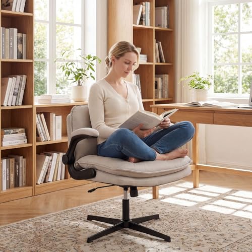 Giantex Beige Criss Cross Office Chair with Flip-Up Arms - 30" Wide Padded Seat, Ergonomic Swivel Desk Chair for Home & Bedroom