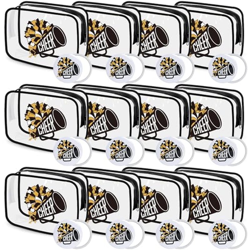 24 Pcs Cheerleader Gifts Bulk for Team 12 Cheer Makeup Bags and 12 Round Portable Mirror,7 x 4.7 x 2.4'' Cosmetic Bag for Women Party Favors Team Gifts (Black&Gold)
