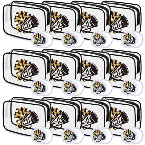 24 Pcs Cheerleader Gifts Bulk for Team 12 Cheer Makeup Bags and 12 Round Portable Mirror,7 x 4.7 x 2.4'' Cosmetic Bag for Women Party Favors Team Gifts (Black&Gold)
