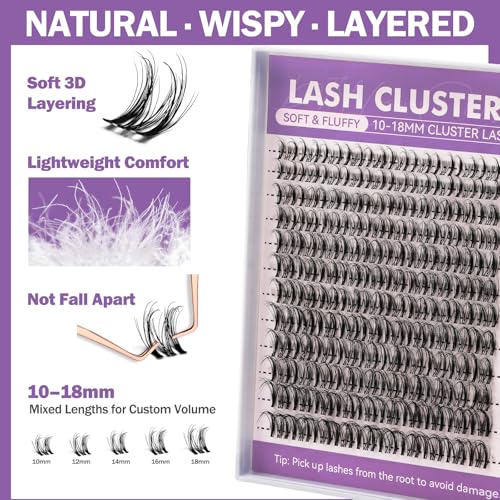Fluffy Lash Extension Kit, 10?18mm Multi-Layer Individual Eyelash Clusters, Ultra-Soft Reusable Natural Look Wispy Set with Bond & Seal, Tweezers & Remover for Beginners