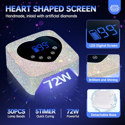UV LED Nail Lamp 72W Rechargeable Sparkly Nail Dryer Gel Polish Light with 5 Timer Setting & Handheld UV Nail Lamp, Portable LED Nail Lamp, Mini Nail Dryer