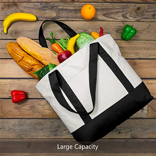 Large Reusable Canvas Tote Bag with External Pocket - Black/Natural, 6 Pack