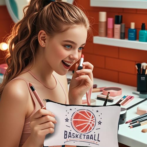12 Pcs Basketball Makeup Bag & 12 PCS Sport Elastic Scrunchies Gifts Stuff Set Portable Travel Cosmetic Bags with Zipper Elastic Hair Bands Basketball Accessories for Girls (White)