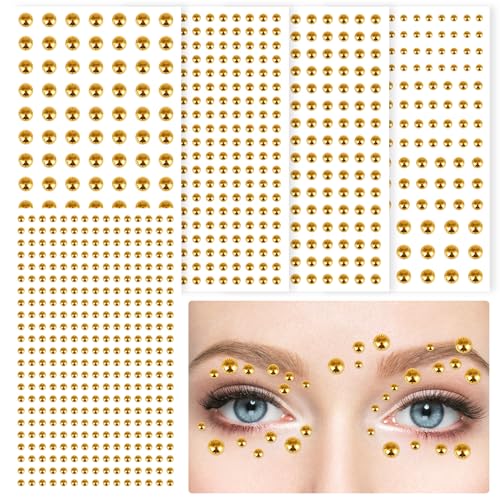 973Pcs Face & Hair Gems Stickers Fake Piercings? Self-Adhesive Face Jewels & Rhinestones for Eyes, Body, Makeup, Festivals ? 3/4/5/6mm DIY Rave Accessories for Girls, Teens & Women (Golden)