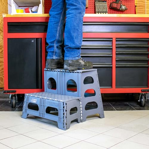 Industrial Gray Foldable Step Stool - Non-Slip, Supports 300lbs, Compact & Portable