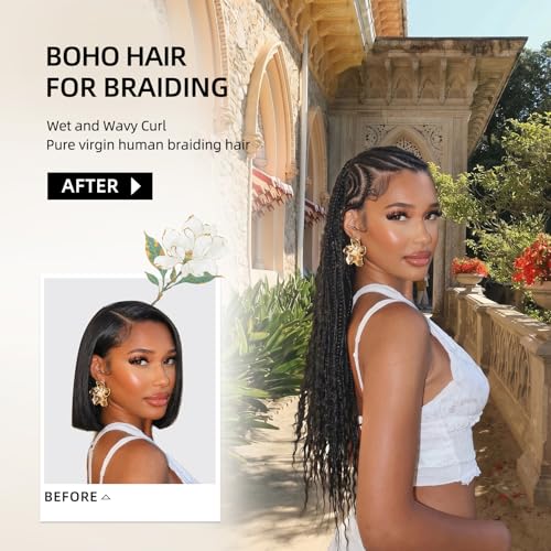 RIZZGYATT 24 Inch Water Wave Human Hair Extensions - No Weft, 2 Bundles, 15A Brazilian Virgin Boho Hair #1B