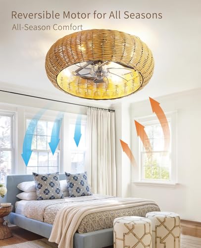 Brown 20-Inch Boho PC Woven Ceiling Fan with Light & Remote - Low Profile