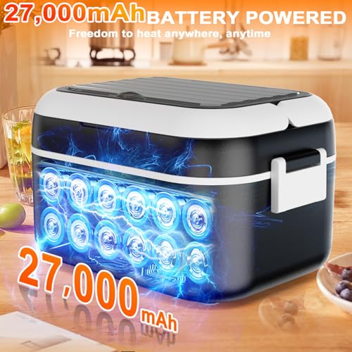 Cordless Electric Lunch Box with 27,000mAh Battery - Black, 6.3-Cup Capacity, Self-Heating Food Warmer