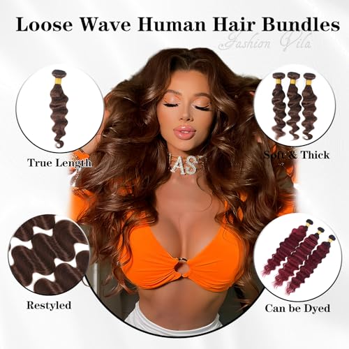 Brown Human Hair Bundles 12 14 16 Inch Loose Wave 3 Pack - Dark Brown