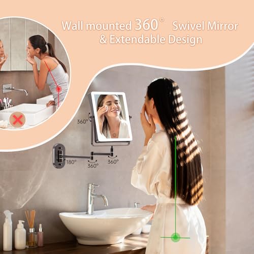 FASCINATE 5000mAh Rechargeable Wall Mounted Makeup Mirror, 8.7" Double Sided Touch Switch 1X 30X Rectangle Wall Mounted Magnifying Mirror with Light, 3 Color Setting, Extended Arm 360¡Æ Foldable Bronze