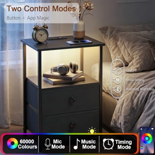 Set of 2 Nightstands with LED RGB Lights and Charging Stations - Black Variation