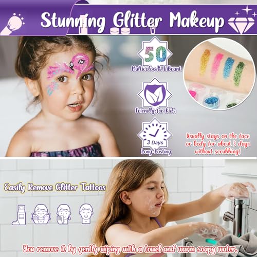 Kids Glitter Tattoo Kit with 50 Colors, 128 Stencils, Face Jewels & Accessories