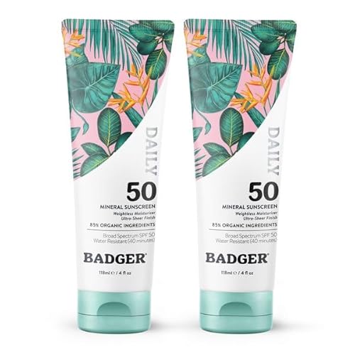 Badger SPF 50 Daily Mineral Sunscreen with Zinc Oxide, 85% Organic, Lightweight & Easy to Apply, No White Cast, Moisturizing, Reef Safe, Vegan, Unscented, 4 fl oz, 2 Pack