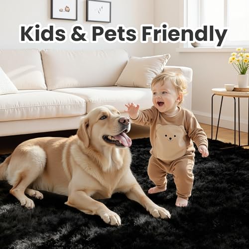 Fuzziness 8x10 Black Fluffy Shag Area Rug - Ultra Soft Plush Carpet for Living Room & Bedroom