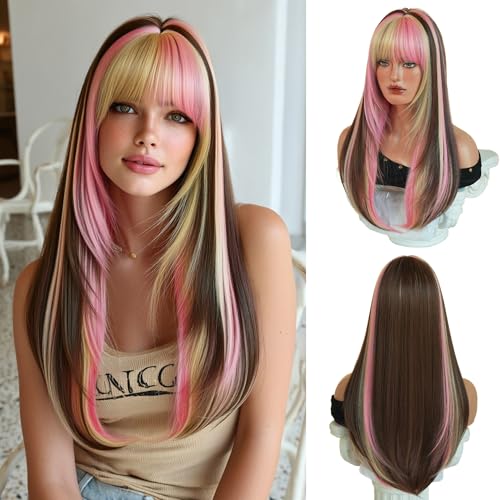 27 Inch Brown Layered Wig with Pink Blonde Highlights & Bangs - Pink Blonde Chunky Highlights