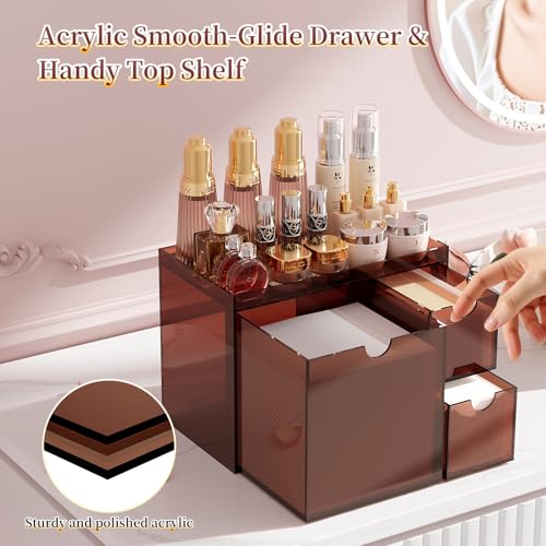 Youdepot Acrylic Face Towel Holder with Drawer ? 4-Layer Disposable Face Towel Holder Organizer Box ? Bathroom Countertop Storage for Cotton Pads, Swabs, and Skincare(Amber)