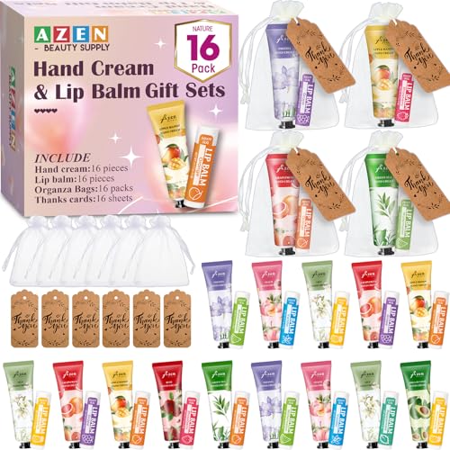 AZEN 16 Sets Bulk Gifts, Hand Cream and Lip Balm Bulk Set with Organza Bag Thank You Card, Baby Shower Wedding Gifts for Guests, Bridal Wedding Favors for Guests,Thank You Gift for Women