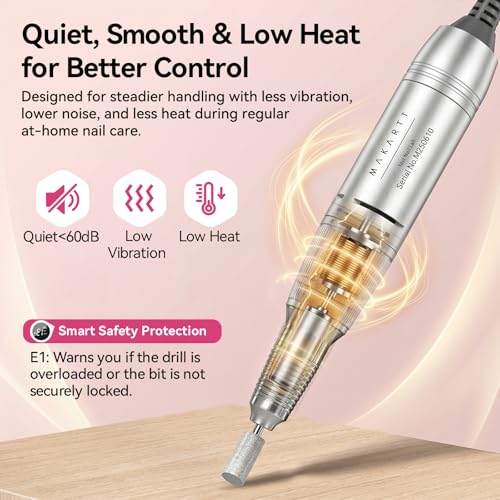Makartt Pink Cordless Nail Drill for Beginners, Rechargeable E-File with 6 Bits