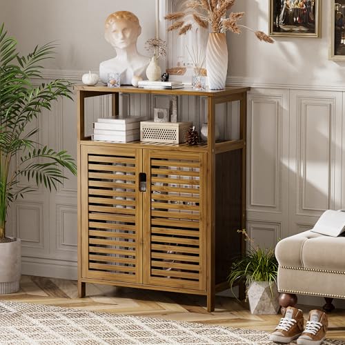 HITNET Walnut Bamboo Bathroom Storage Cabinet with Double Doors & Open Shelf