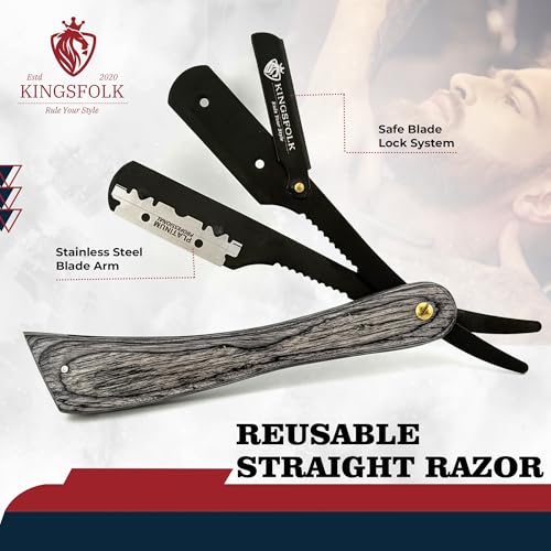 Professional Straight Razor Kit for Men ? Wooden Handle Razor with 100 Platinum Blades, Leather Case, Nitrile Gloves & Cleaning Cloth ? Barber Grade Wet Shave Set