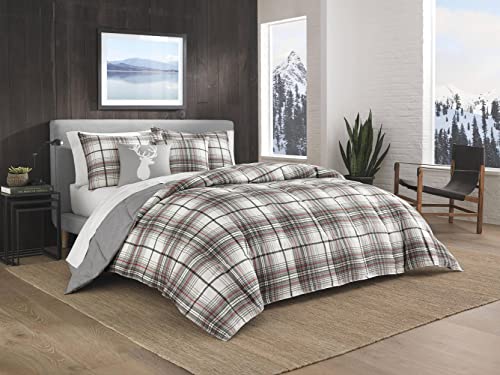 Queen Size Duvet Cover Set with Shams - Grey Red Plaid Reversible Cotton