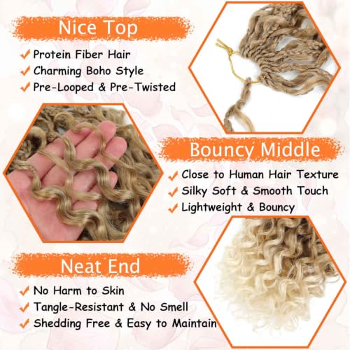 Boho Gogo Curl Crochet Hair 18 Inch 9 Packs - Protein Fiber Pre-Looped Curly Extensions - 27/613 Blonde