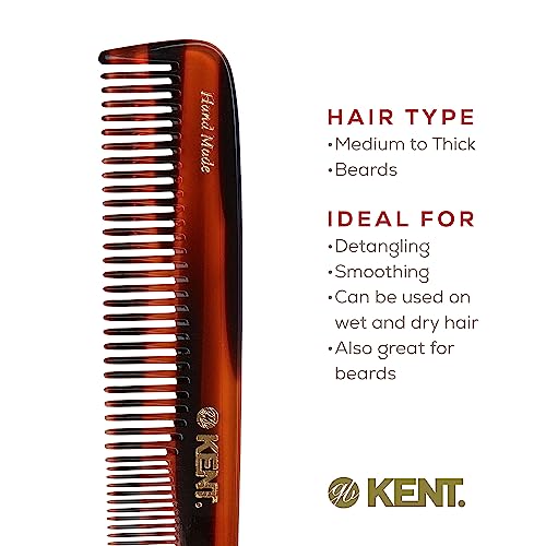 Kent 9T Tortoiseshell Fine and Wide Tooth Comb - Large Handmade and Saw-Cut Detangler for Wet Hair - Durable Grooming for Men and Women - Made in England