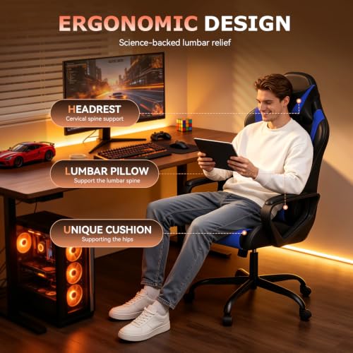 Blue Ergonomic Gaming Chair for Adults, Racing Style, Adjustable, BestOffice - Style1
