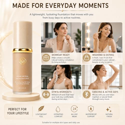 Hydrating 4-in-1 Foundation with SPF 50+ Natural Color - Longwear Waterproof Liquid Makeup 1 Fl Oz
