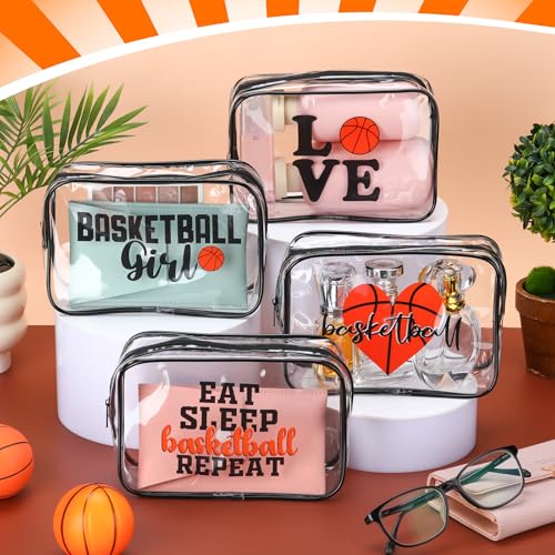 Reginary 12 Pcs 7 x 4.7 x 2.4'' Basketball Makeup Bag Clear Cosmetic Case Basketball Team Gifts Sport Goodie Bag Stuffers Accessories for Woman Toiletry Zipper Pouch Team Party Favors