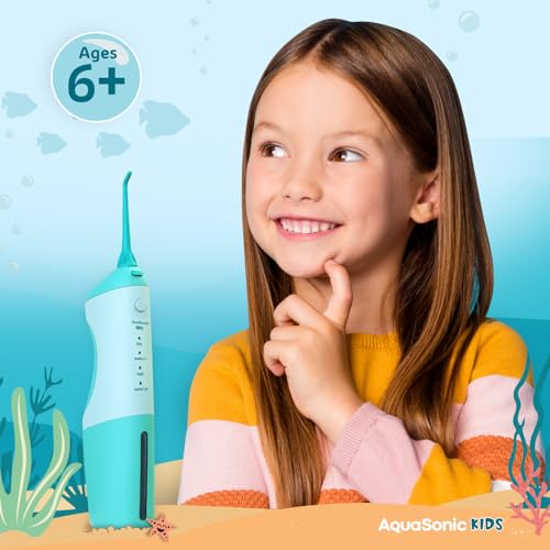 Aquasonic Kids Water Flosser Blue for Ages 6+ with Nozzles & Waterproof Stickers