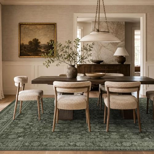 Green 8x10 Washable Boho Area Rug - Farmhouse Vintage Style for Living Room