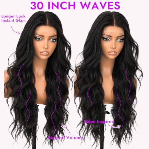 Black Wigs for Women 30 Inch Wavy Synthetic Lace Wig - Long, Natural Look, Beginner Friendly
