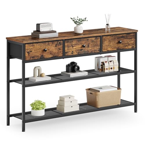 SONGMICS Rustic Brown Console Table with 3 Fabric Drawers, Narrow Entryway Furniture - 11.8"D x 44.8"W x 31"H