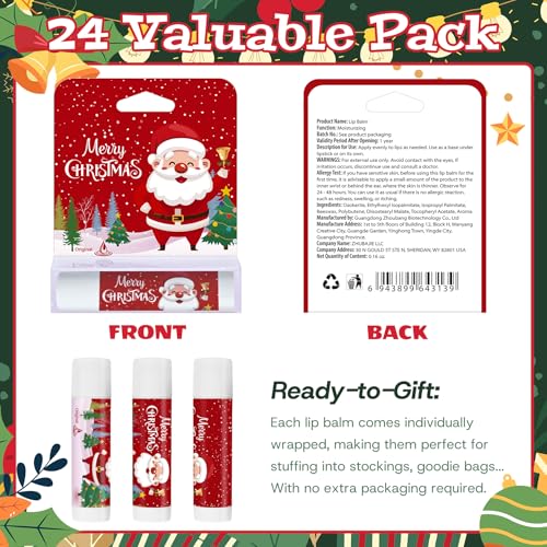 24 Pcs Christmas Lip Balm Gifts Bulk Cute Stocking Goodie Bags Stuffers 6 Flavors Holiday Small Gifts Xmas Party Supplies Moisturizer Butter Care