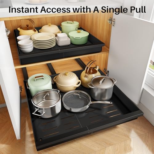 Black Expandable Pull Out Cabinet Organizer 2-Pack - 13.6-24 Inches Wide, 21 Inches Deep with Full-Extension Slides