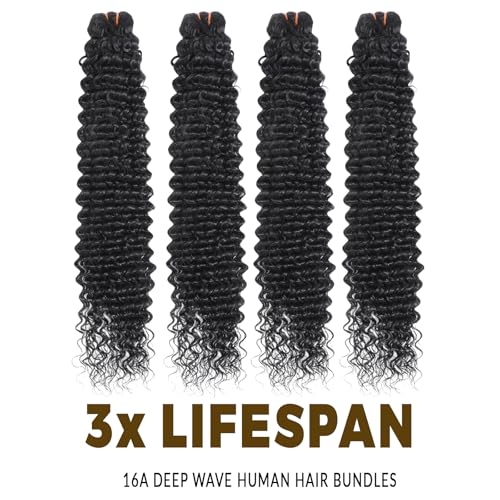Deep Wave Human Hair Bundles - 20 Inch Wavy Curly Hair Extensions, Natural Black, Silky Soft, Long-Lasting, Full Density