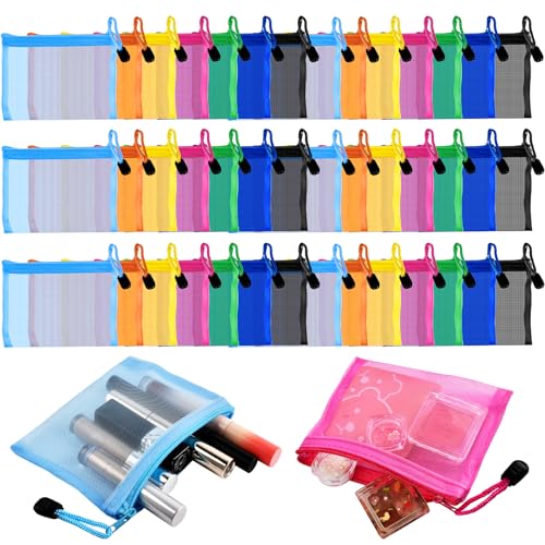 42 Pcs Mini Zipper Mesh Bags, 5 x 4 Inch Small Makeup Bag Lipstick Cosmetic Accessories Organizer Nylon Makeup Zipper Pouch Beauty Travel Toiletry Bag Kit for Women (7 Colors)
