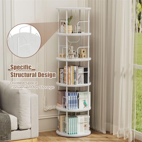 Round 5-Tier Rotating Bookshelf - White Tall Corner Spinning Bookcase
