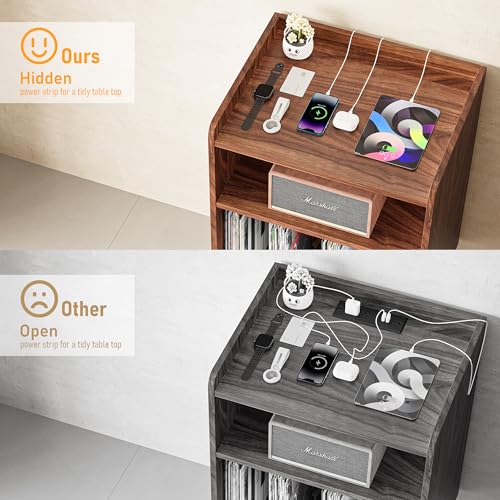 Walnut Record Player Stand with Storage, Charging Station & USB Ports