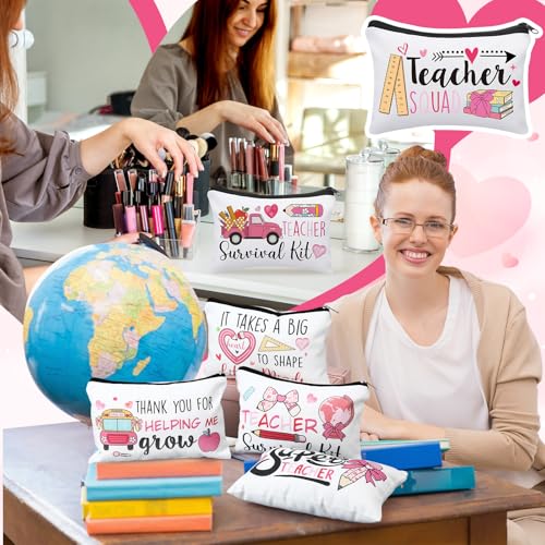 Teacher Appreciation Gift Makeup Bags - Bulk 30 Pcs Canvas Zippered Pouches with Valentine's Day Theme