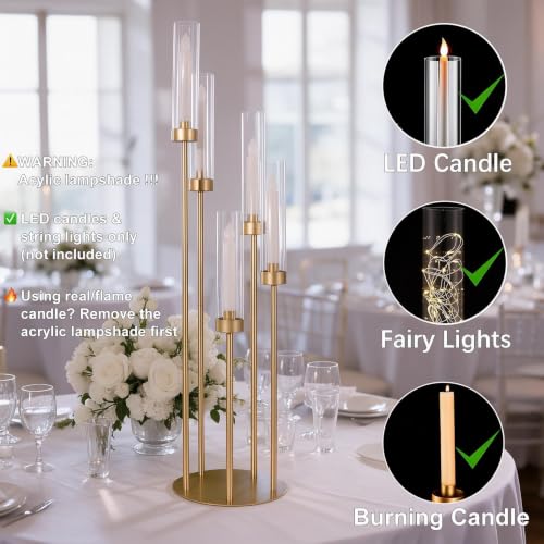 Gold 4-Piece 5-Arm Tall Candelabra Set with Acrylic Shades for Wedding & Events