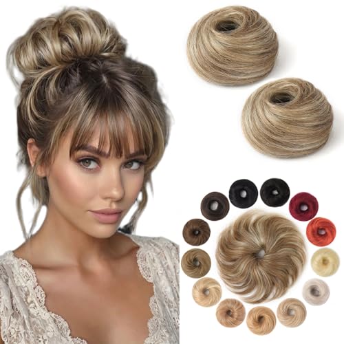 KISANOF 2 Pack Human Hair Messy Bun Hair Piece Honey Brown Highlighted with Elastic Band - Salon Quality