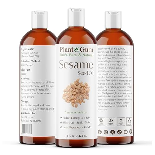Plant Guru Sesame Seed Oil 16 fl. oz. ? Cold Pressed, 100% Pure & Natural Carrier for Skin, Face, Body, Hair, and Cooking. Great for DIY Creams, Lotions, and Lip Balms.