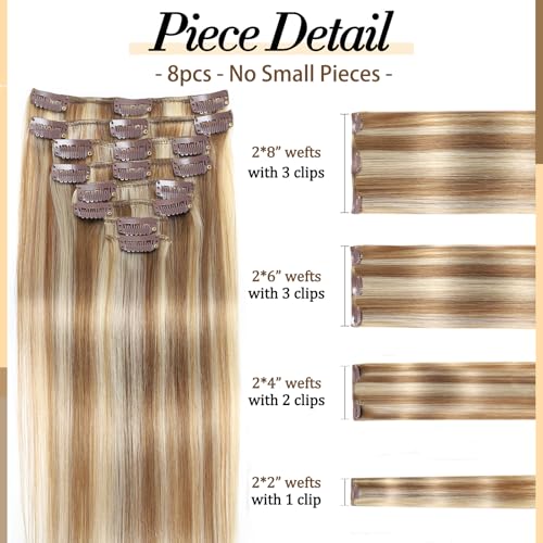 Light Blonde Highlighted Clip-In Hair Extensions 18 Inches - Seamless Real Human Hair for Women