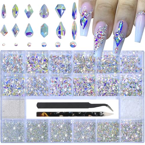 DZHILHMX AB Nail Rhinestones Set with 12 Types & 600 Multi-Size Crystals for Nail Art Decor