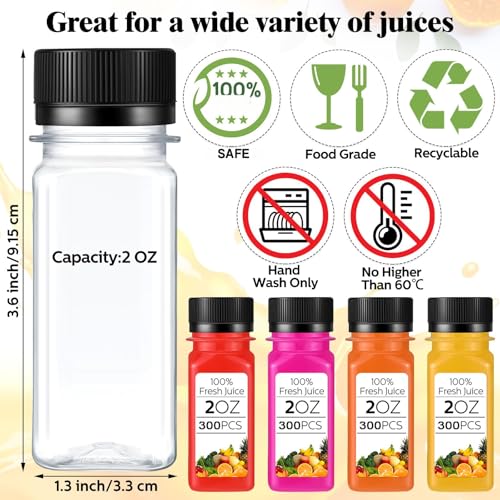 300 Pack 2oz Clear Plastic Juice Bottles with Lids - Reusable & Leakproof